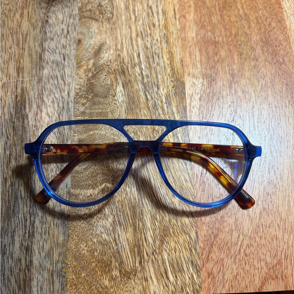 Blue Frame Aviator Glasses with Tortoiseshell Arms